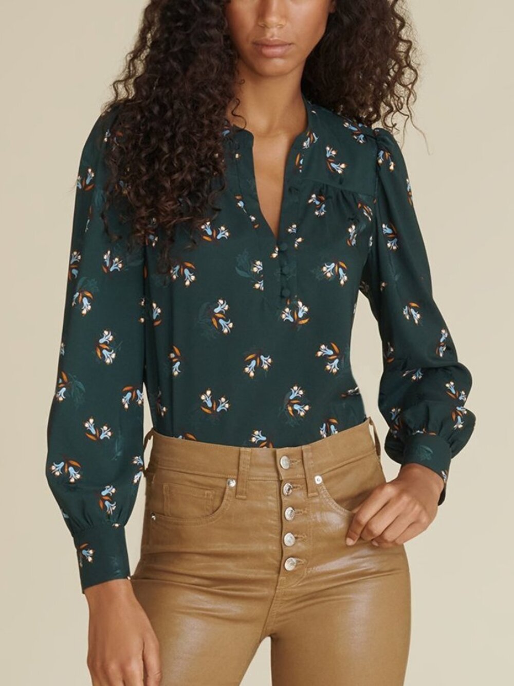 Veronica Beard Abbie Evergreen Multi Bouquet Print Satin Top